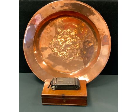 A large copper charger, rolled edge, 58cm diam;  a Victorian mahogany rectangular box, 26cm wide, c.1860;  Ikonta camera 