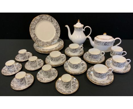 A Royal Duchy tea and coffee service, for six, comprising teapot, coffee pot, large cups, smaller cups, saucers, side plates,