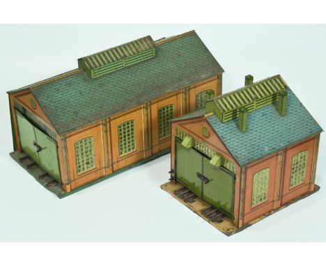 Hornby O Gauge. Pair of unboxed two track engine sheds. Comprising No.1 Cream base, - missing 1x vent above doors to one end,