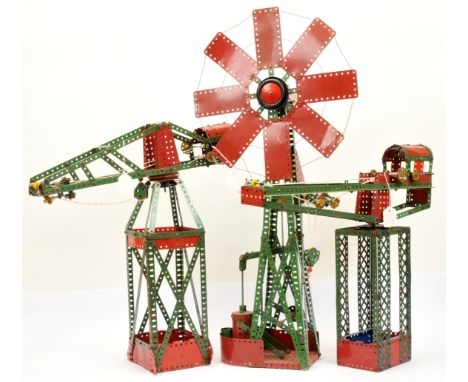 Meccano. Group of 2x Cranes &amp; Wind Driven Pump. Both cranes are static &amp; working hook mechanisms, measuring 53cm acro