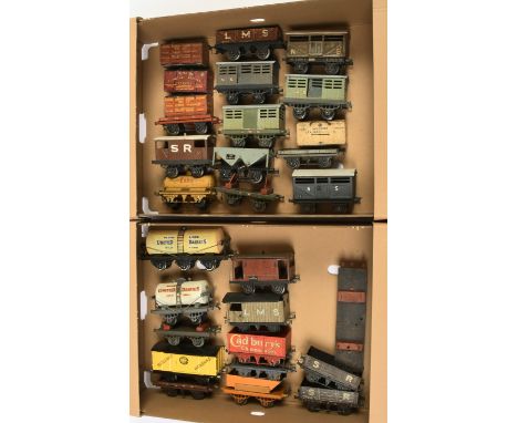 Hornby O Gauge unboxed wagons. To include BR hopper, "ESSO" tank, cattle trucks, container trucks + some containers, plus oth