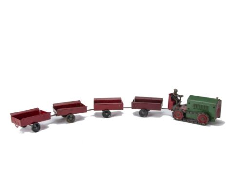 A Structo Caterpillar Tractor,  painted green and red steel, fixed keywind mechanism, Structo transfer to front, cast iron dr