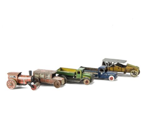 Five German Penny Toy Road Vehicles, lithographed tinplate comprising orange car with painted grey roof, possibly Meier --4in