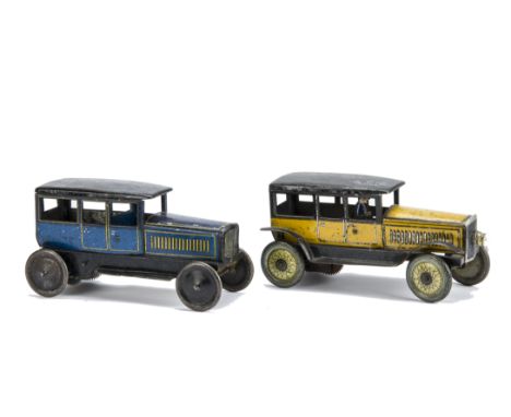 Two Wells clockwork lithographed tinplate Limousines, one yellow, detailed wheels, driver and electric headlamp, the other bl