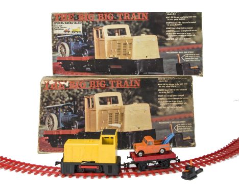 Two Rovex Tri-ang The Big Big Train Sets,  electric yellow plastic diesel shunter with wagon with steam roller and track, in 