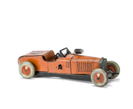 A Burnett Ubilda Racing Car,  orange lithographed tinplate with black lining, No1., clockwork and electric headlamp  --11¼in.