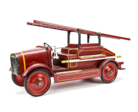 A Triangtois Wooden Fire Engine 1920s,  painted red with yellow lining, bell, ladder, lithographed tinplate radiator and blac