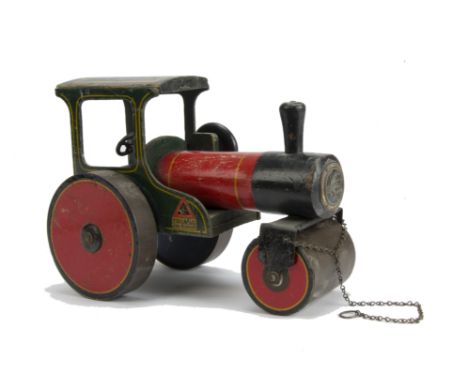 A Tri-ang Wooden pull-along Steam Roller,  painted red, black and green with yellow lining, tinplate tread to wheels, tinplat