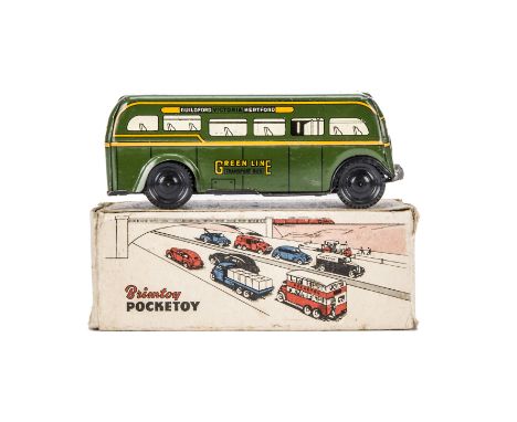 A Wells Brimtoy Pocketoy clockwork 9/507 Green Line Bus,  green lithographed tinplate, black plastic wheels, in original box 