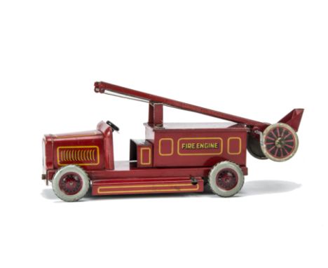 A Chad Valley clockwork lithographed tinplate Fire Engine,  red with yellow lining, nut and bolt construction, separate escap