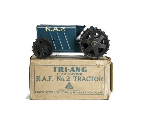 An unusual Tri-ang clockwork RAF No 2 Tractor, pressed steel painted blue with white transfers and black rubber wheels, in or