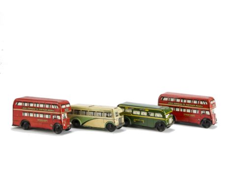 Four Wells Brimtoy Pocketoy clockwork Buses, a 9/507 Green Line Single Deck Bus --4¼in. (10.5cm.) long (G); a cream and green