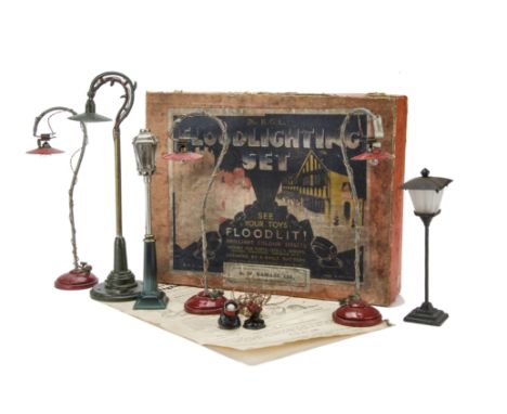 The B G L Floodlighting Set,  in original box  with A. W. Gamage Ltd label (G, box F), three similar lamp posts, two small sp