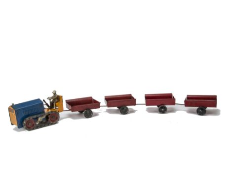 A Structo Caterpillar Tractor,  painted blue and orange steel, fixed keywind mechanism, Structo transfer to front, cast iron 