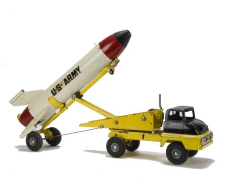 A Tri-ang pressed steel Thames Trader Mechanical Horse Rocket Transporter,  with black and yellow diecast cab, yellow painted