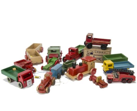 Wooden Lorries, red Chad Valley Mechanical Lorry with Bevel-Gear Transmission, in original box  --8½in. (21.5cm.) long (P, bo