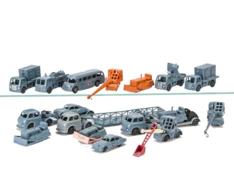 Tri-ang Push and Go RAF Vehicles, seventeen plastic friction-drive vehicles including two low-loaders, a tractor unit with 'Q