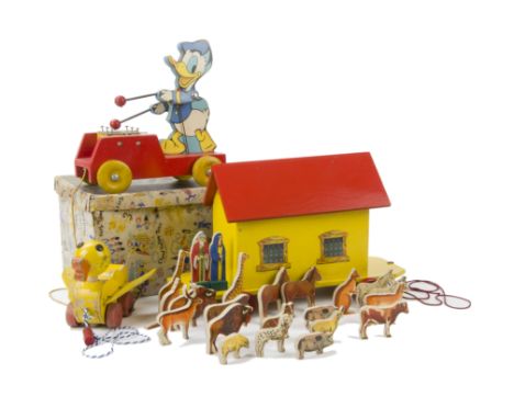 A Chad Valley Noah's Ark No 1533,  yellow and red painted wood, lithographed paper on wood animals, in original box   --13¼in