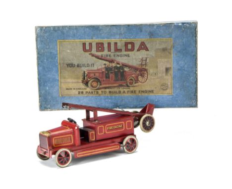 A Burnett Ubilda Fire Engine,  red lithographed tinplate with yellow lining, escape ladder and clockwork, in original box --1