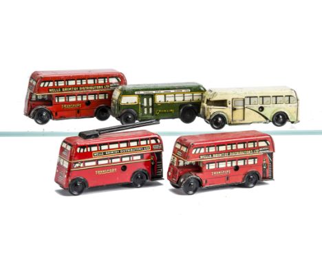 Five Wells Brimtoy Pocketoy clockwork Buses, a 9/507 Green Line Single-Deck Bus --4¼in. (10.5cm.) long; a cream and green sin