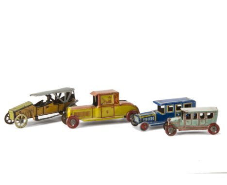Four German Penny Toy Cars, all lithographed tinplate, two by Fischer - yellow and orange coupé --4¼in. (10.5cm.) long and a 