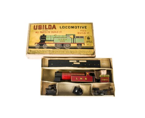 A Chad Valley Ubilda Locomotive, red lithographed tinplate, clockwork LMS 4-4-2 locomotive 17841, unmade up, in original box 