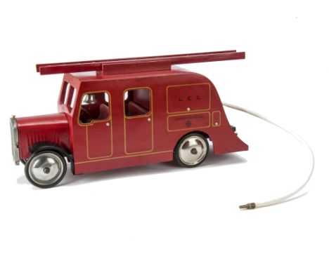 A replica Tri-ang Wooden streamline Limousine Fire Pump,  rebuilt with steel bonnet, red painted wooden back with yellow lini