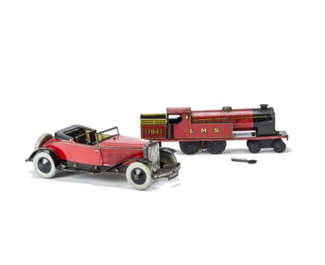 A Chad Valley Ubilda Open Tourer, red lithographed tinplate, clockwork and spare wheel --10½in. (26.5cm.) long (F-G); and LMS