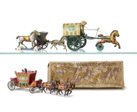 Small tinplate Horse-Drawn Vehicles, Wells Brimtoy Coronation Coach, in original box  --9¼in. (23.5cm.) long; German hansom c