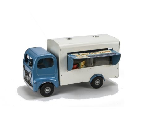 A Tri-ang pressed steel 300 Series Mobile Cafeteria,  painted blue and white with hatch opening each side with chef transfer,