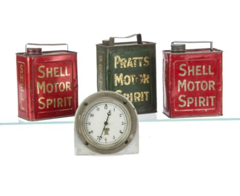 Three lithographed tinplate Toy Petrol Cans, two red Shell Motor Spirit --5¼in. (13.5cm.) high (F-G) and one green Pratts Mot