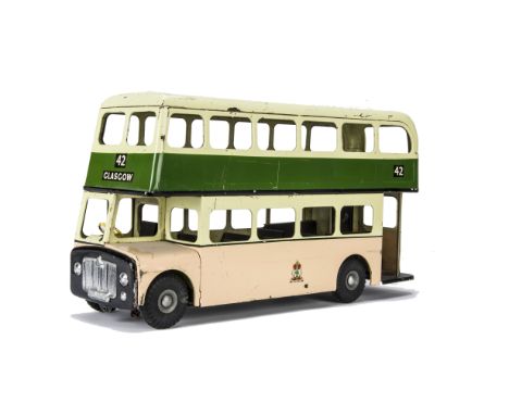 A rare Tri-ang pressed steel Glasgow Corporation Double-Deck Bus,  painted cream, green and pink, chrome-plated radiator gril