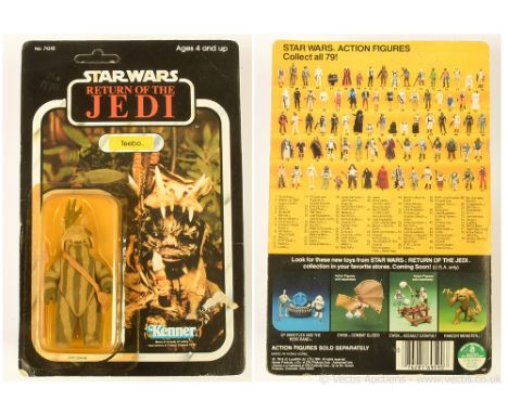 Kenner Star Wars vintage Return of the Jedi Teebo 3 3/4" figure, Mint, within Excellent (yellowed) bubble, upon Fair (torn, c