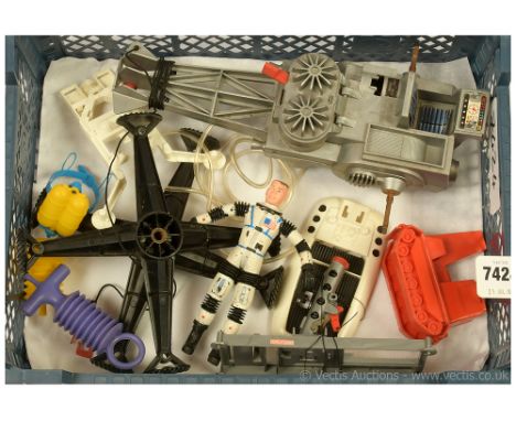 Mattel vintage Major Matt Mason loose figure and vehicles, with accessories, unchecked for completeness, Fair to Good.