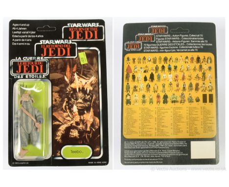 Palitoy Star Wars vintage Return of the Jedi Tri-logo Teebo 3 3/4" figure, Mint, within Good (dented) bubble, upon Good (surf