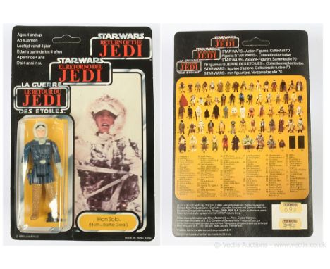 Palitoy Star Wars vintage Return of the Jedi Tri-logo Han Solo Hoth 3 3/4" figure, Mint, within Good (dented) bubble, upon Go