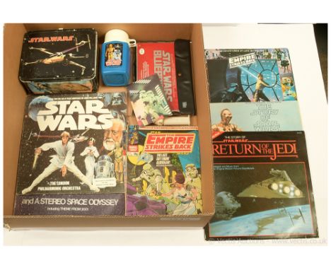 Quantity of vintage Star Wars collectables including Vinyl LP Records, Comics, Blue Prints set, Thermos &amp; Flask set and o