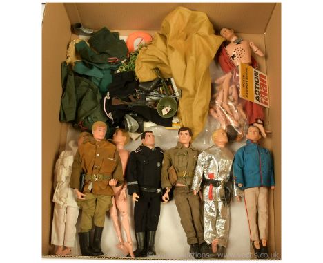 Quantity of Vintage Action Man loose figures x eight with most being dressed, clothing, weapons and others, generally Fair to