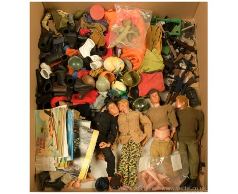 Quantity of Vintage Action Man loose dressed figures x five, clothing, weapons and others, generally Fair to Good. (qty)
