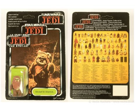Palitoy Star Wars vintage Return of the Jedi Tri-Logo Wicket 3 3/4" figure, Mint, within Good (dented) bubble, upon Good (cre