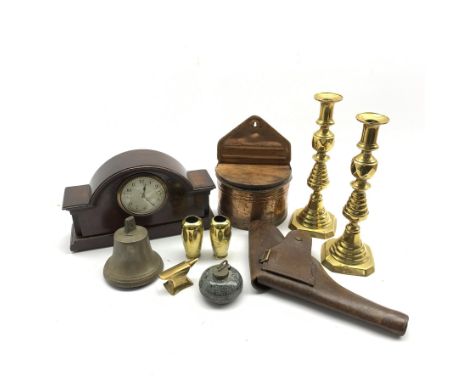  Early 20th century inkwell in the form of a curling iron, pair of Victorian brass candlesticks, leather holster, pair of Jap