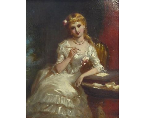  George Augustus Freezor (British fl.1861-1879): Portrait of a Girl at her Desk, oil on canvas signed 13cm x 10cm   - Conditi