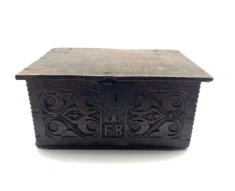  18th Century oak box with scroll carved front panel initialled 'FB' and with plain hinged lid 52cm x 25cm x 37cm   - Conditi