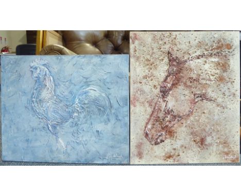  Chris Winch (British Contemporary): Portrait of a Cockerel and Horse's Head, two mixed media on canvas signed, each 51cm x 6