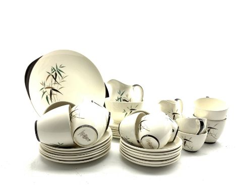  Royal Doulton bamboo pattern tea set comprising six cups and saucers, six plates, milk jug, sugar bowl and cake plate and ma