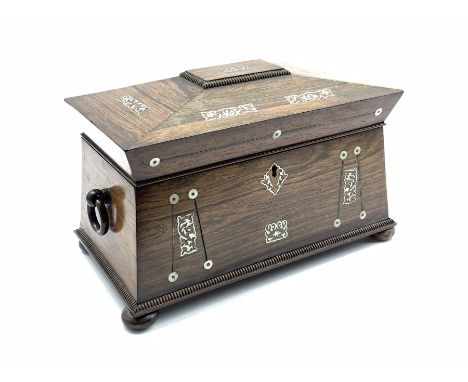  19th century Rosewood and mother of pearl inlaid sarcophagus tea caddy, the interior with two covered containers and glass b