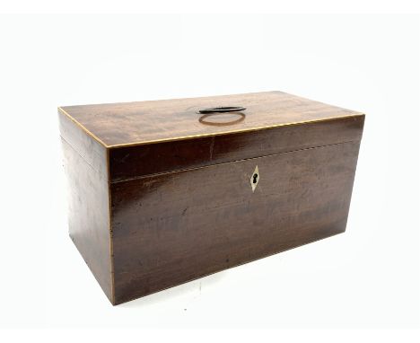  19th Century mahogany tea caddy with boxwood edging, the interior with two rosewood covered containers and bowl recess W31cm