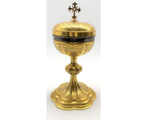  19th century gilt metal Ciborium, silver-gilt interior, cross finial, relief foliate design on knopped stem and lobed base, 