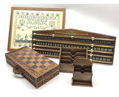  Indonesian carved figural chess set with carved and inlaid folding chess board, 20th century snooker scoreboard by Thurston,