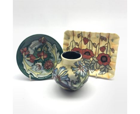  Moorcroft Chicory pattern vase by Philip Gibson H8.5cm, Leicester pattern pin dish or coaster D12cm and an Old Tupton Ware p